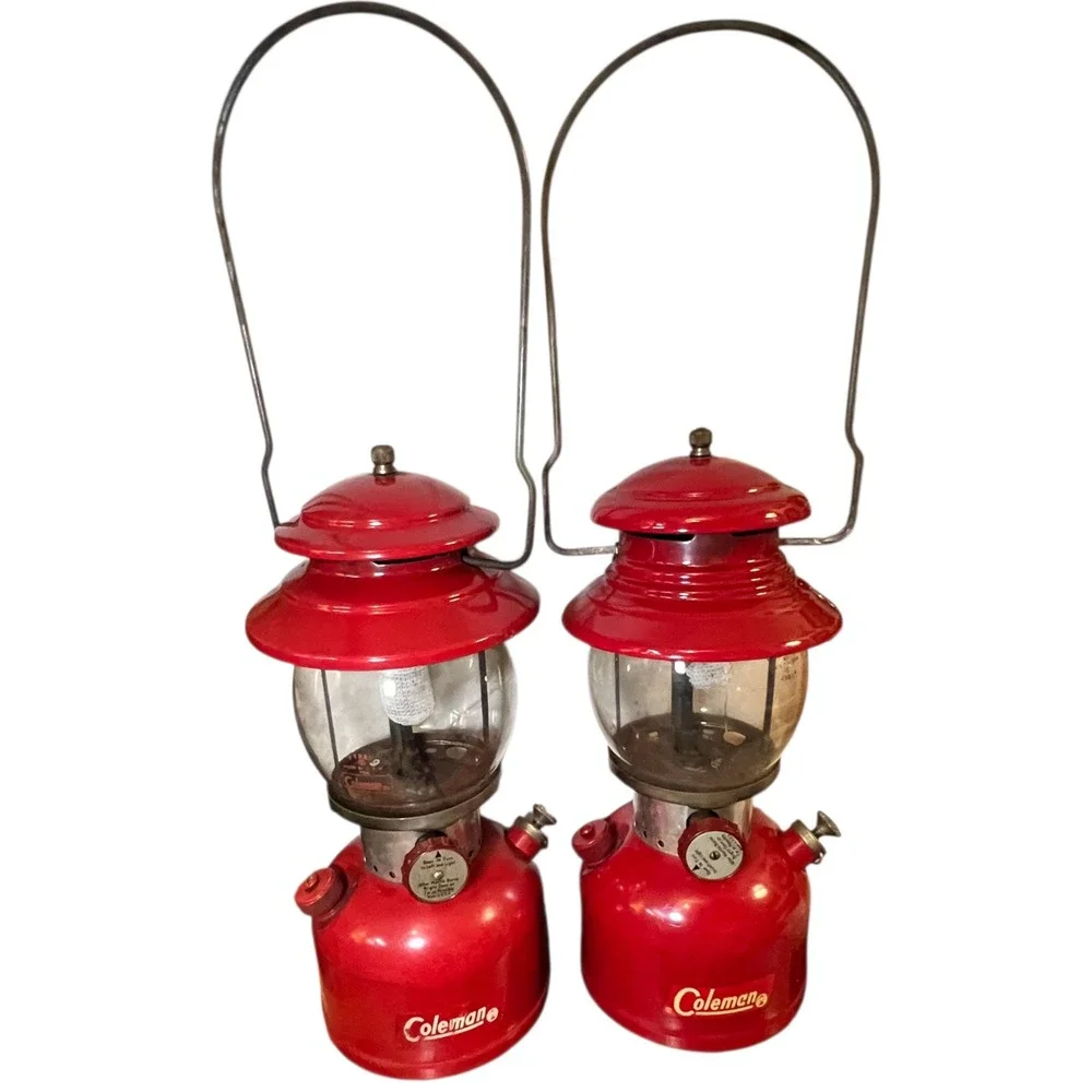 Two VTG Coleman Red 200A Lanterns Single Mantle Pyrex Globe 1962 & 1963 Made USA